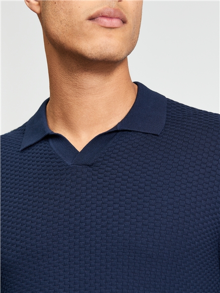 Textured Long Sleeve Open Neck in Dark Navy