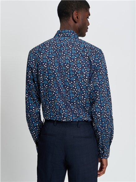 Stretch Printed Winter Floral Shirt in Dark Navy