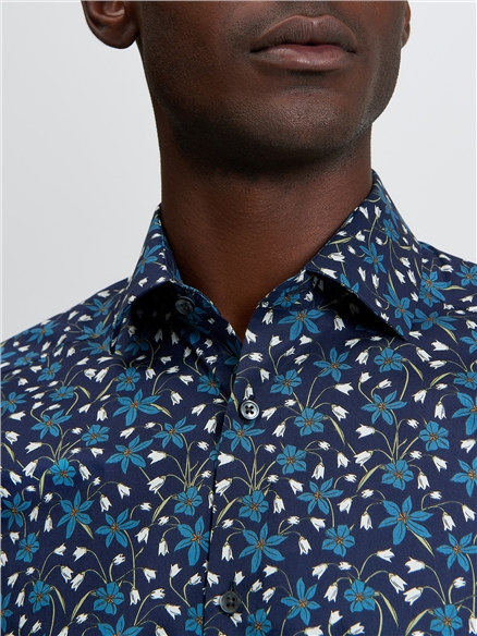 Stretch Printed Winter Floral Shirt in Dark Navy