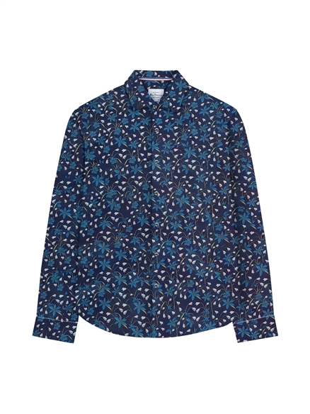 Stretch Printed Winter Floral Shirt in Dark Navy
