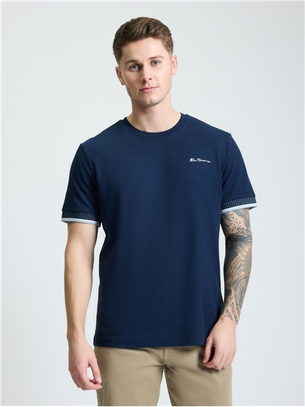 Jacquard Cuff Pique Tee in Dark Navy