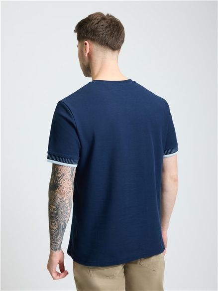 Jacquard Cuff Pique Tee in Dark Navy