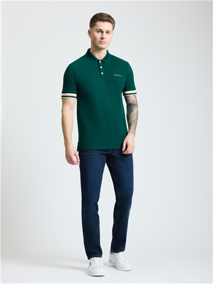 Stripe Cuff Polo in Dark Green