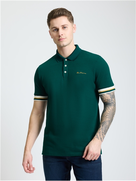 Stripe Cuff Polo in Dark Green
