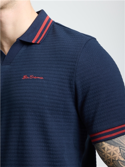 Square Pique Open Neck Polo in Dark Navy