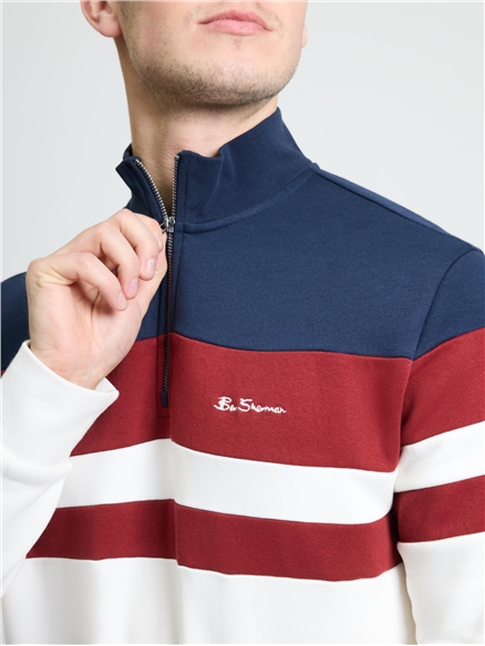 Cut & Sew Stripe Quarter Zip in Dark Navy