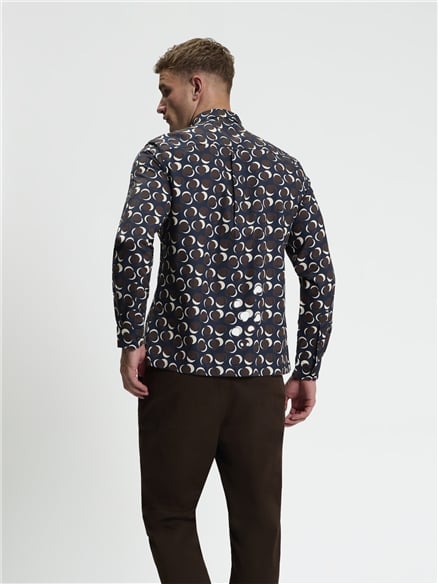 Long Sleeve Abstract Polka Dot Print Shirt in Dark Navy