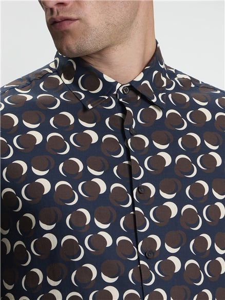 Long Sleeve Abstract Polka Dot Print Shirt in Dark Navy