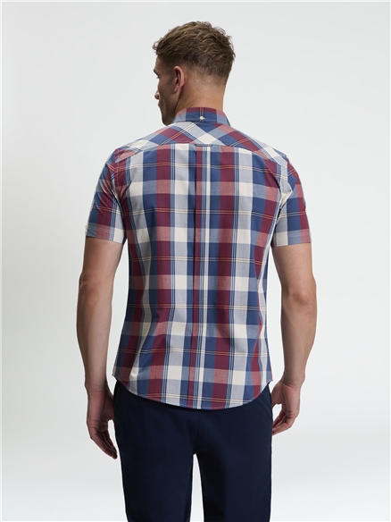 Short Sleeve Gingham Overcheck Shirt in Dark Red