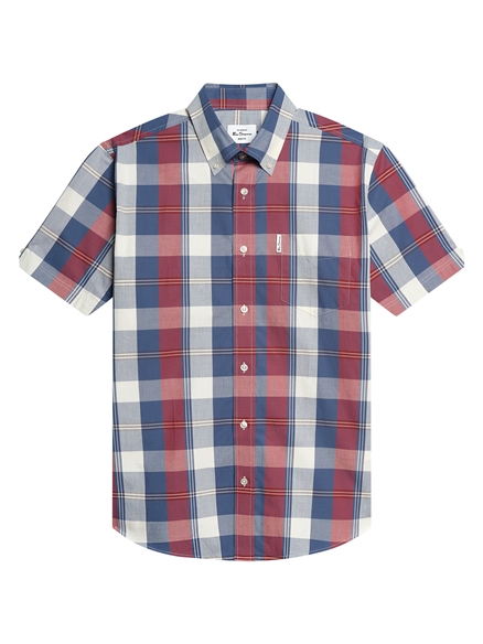 Short Sleeve Gingham Overcheck Shirt in Dark Red