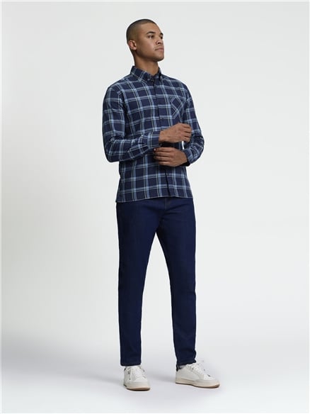 Long Sleeve Grid Check Shirt in Dark Navy