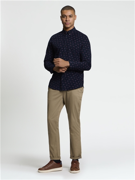 Long Sleeve Geo Printed Cord Shirt in Dark Navy