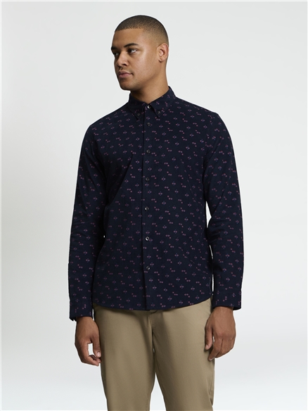 Long Sleeve Geo Printed Cord Shirt in Dark Navy