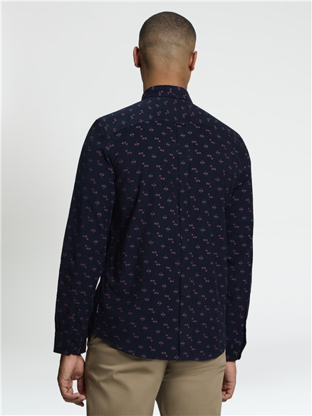 Long Sleeve Geo Printed Cord Shirt in Dark Navy