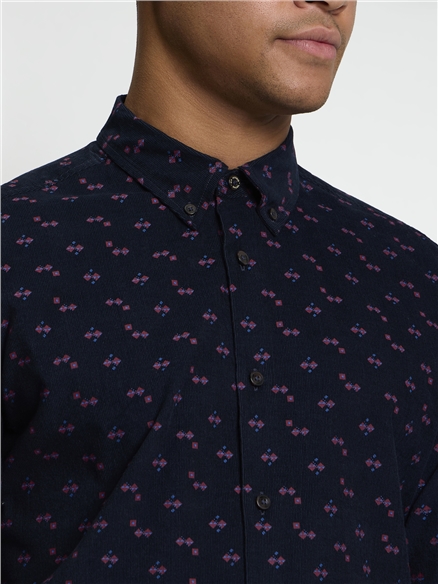 Long Sleeve Geo Printed Cord Shirt in Dark Navy