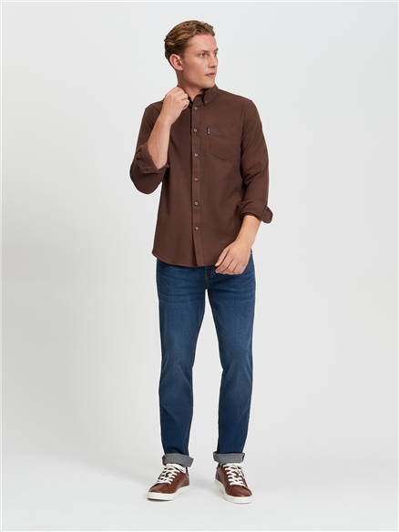 Long Sleeve Plain Brushed Flannel Shirt in Cocoa