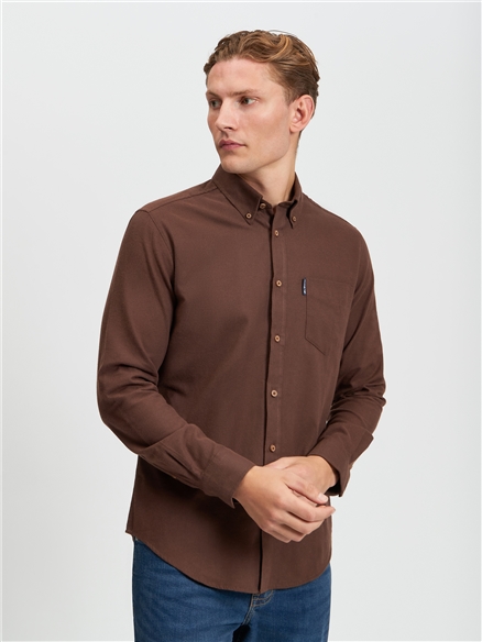 Long Sleeve Plain Brushed Flannel Shirt in Cocoa