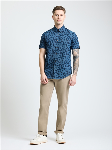 Short Sleeve Stipple Floral Print Shirt in Dark Navy
