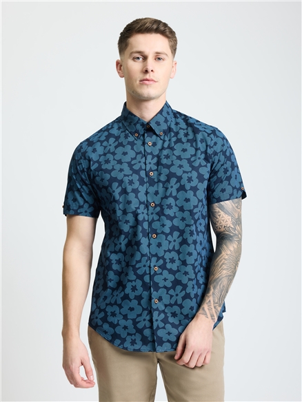 Short Sleeve Stipple Floral Print Shirt in Dark Navy