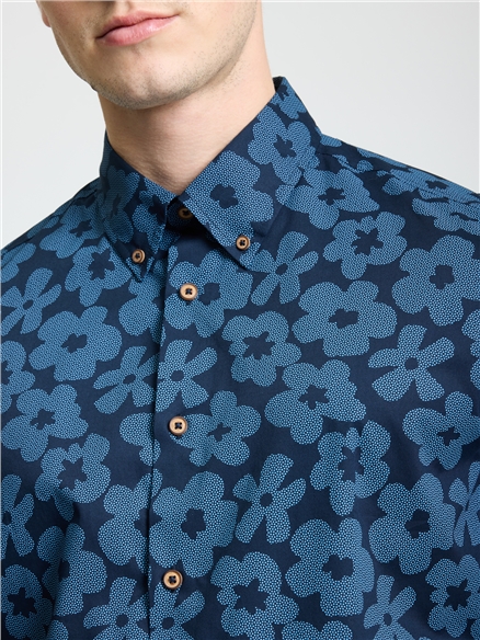 Short Sleeve Stipple Floral Print Shirt in Dark Navy
