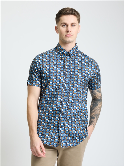 Short Sleeve Retro Geo Print Shirt in Royal