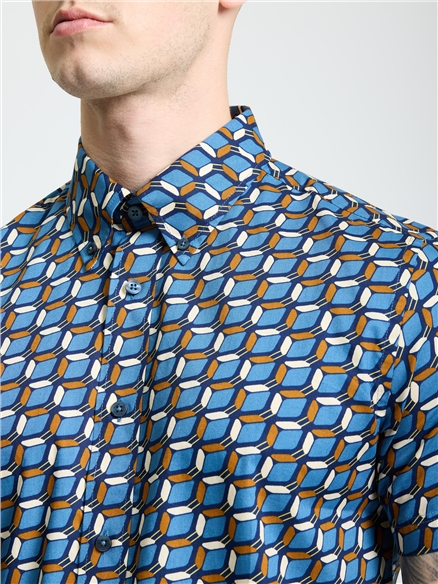 Short Sleeve Retro Geo Print Shirt in Royal
