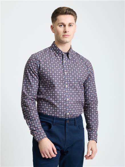 Long Sleeve Block Foulard Print Shirt in Fog