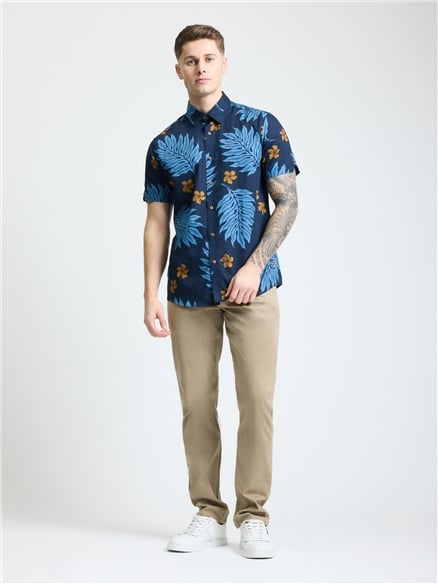 Short Sleeve Botantical Print Shirt in Dark Navy