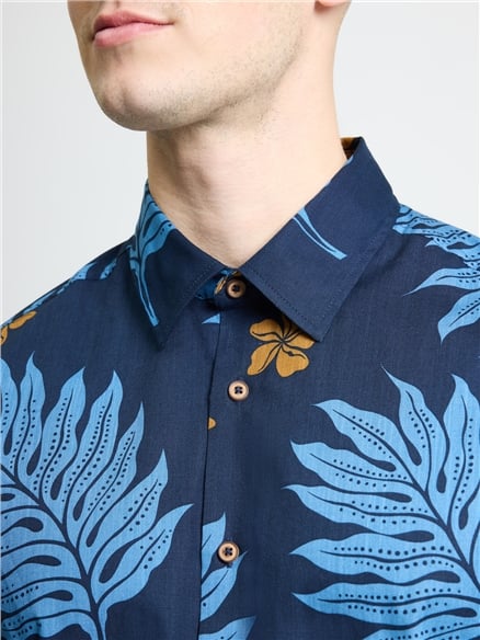 Short Sleeve Botantical Print Shirt in Dark Navy
