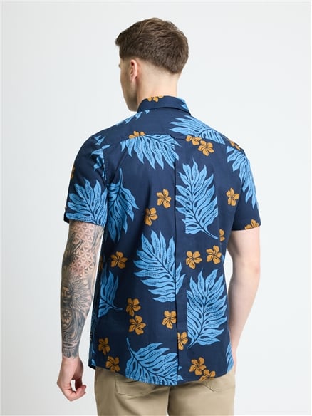 Short Sleeve Botantical Print Shirt in Dark Navy