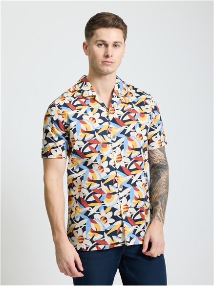 Short Sleeve Abstract Floral Print Shirt in Dark Navy