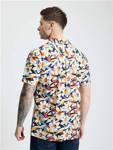 Short Sleeve Abstract Floral Print Shirt in Dark Navy