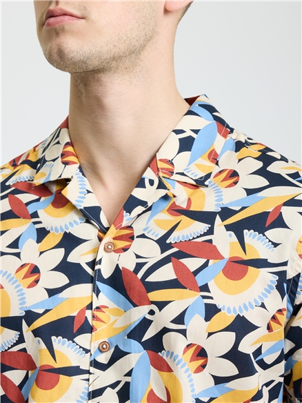 Short Sleeve Abstract Floral Print Shirt in Dark Navy