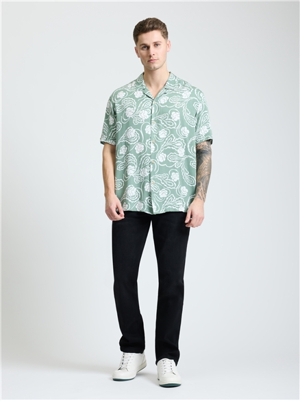 Short Sleeve Paisley Swirl Print Shirt in Pale Khaki