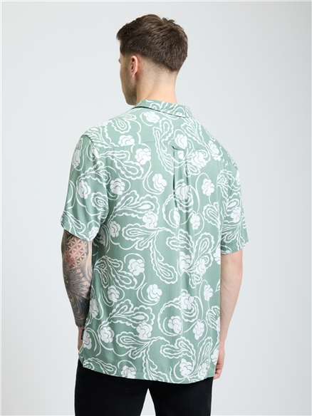 Short Sleeve Paisley Swirl Print Shirt in Pale Khaki