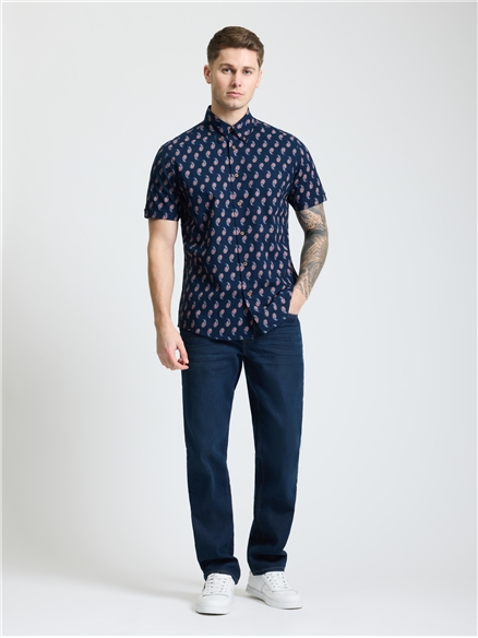 Short Sleeve Paisley Print Shirt in Dark Navy