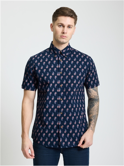 Short Sleeve Paisley Print Shirt in Dark Navy