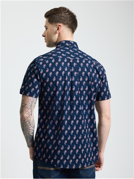 Short Sleeve Paisley Print Shirt in Dark Navy