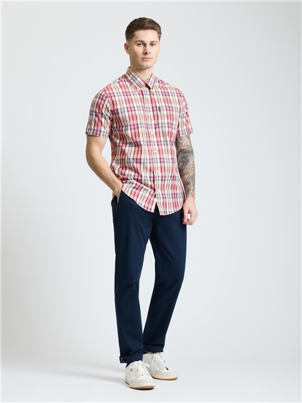 Short Sleeve Irregular Check Shirt in Cerise