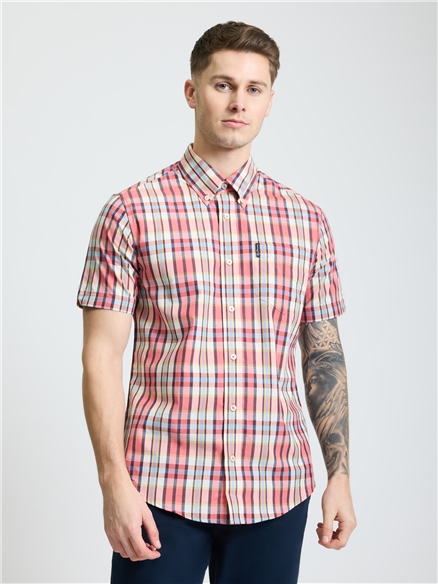 Short Sleeve Irregular Check Shirt in Cerise