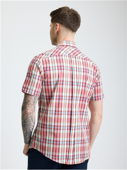 Short Sleeve Irregular Check Shirt in Cerise