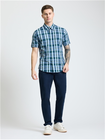 Short Sleeve Irregular Check Shirt in Dark Green