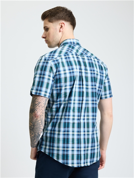 Short Sleeve Irregular Check Shirt in Dark Green