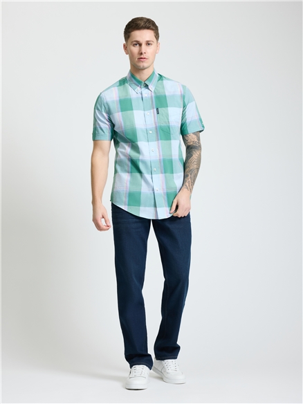 Short Sleeve Multi Colour Overcheck Shirt in Forest