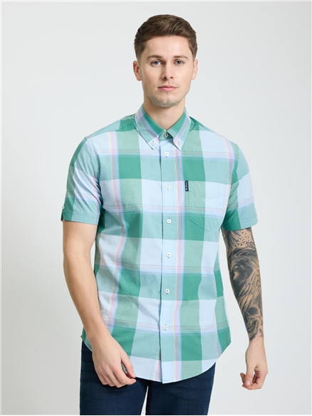 Short Sleeve Multi Colour Overcheck Shirt in Forest