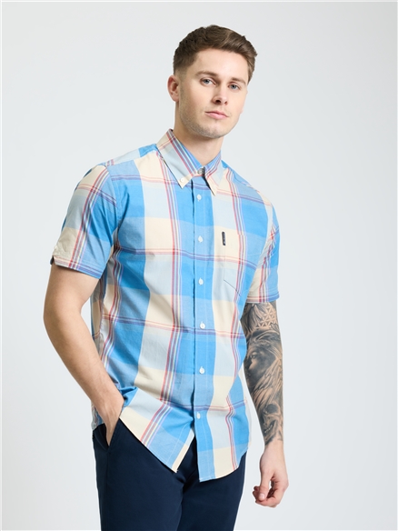 Short Sleeve Multi Colour Overcheck Shirt in Kingfisher