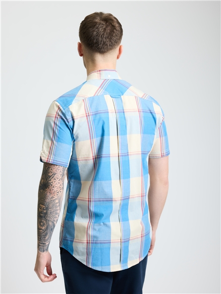 Short Sleeve Multi Colour Overcheck Shirt in Kingfisher