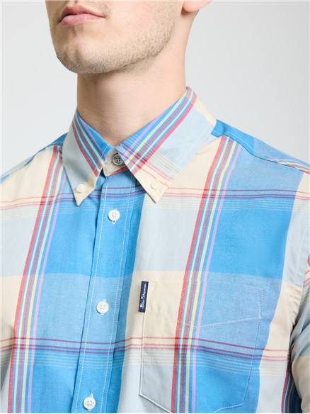 Short Sleeve Multi Colour Overcheck Shirt in Kingfisher