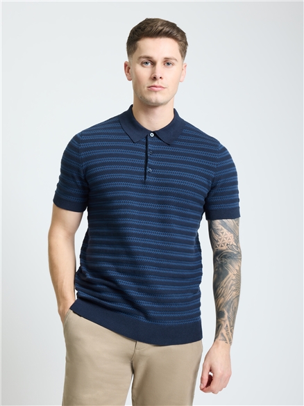 Short Sleeve Jacquard Stripe Polo in Navy
