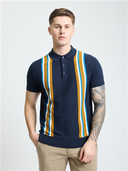 Short Sleeve Vertical Stripe Polo in Dark Navy